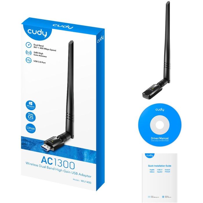 Cudy Adaptador Wi-Fi USB 3.0 AC1300 High Gain WU1400 Doble Banda Velocidad 867Mbps Antena Externa 5dBi Negro 1