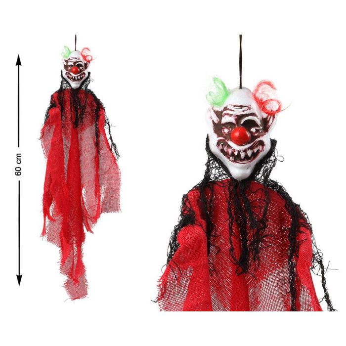 Colgante Payaso Terrorífico 60 cm Con Malla Roja Y Pelo Verde Y Naranja - Decoración Halloween