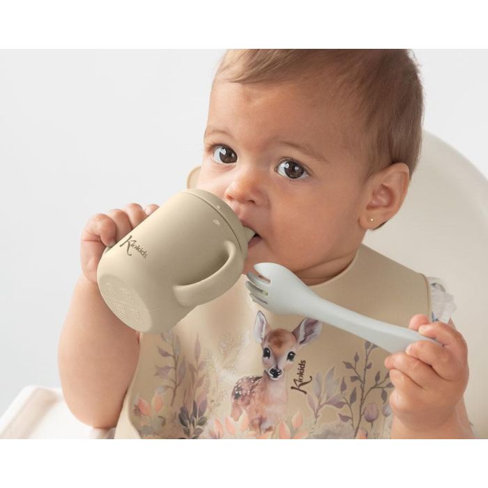 KioKids Taza de Silicona Beige con Asas para Bebés +4 meses, Aptas Microondas y Lavavajillas, 120ml 1