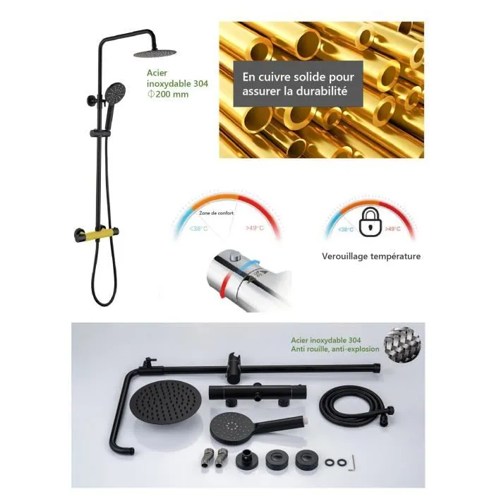 Oceanic Columna de ducha Mezclador termostático Cabezal redondo ø 20 cm Negro mate Ducha de mano 3 chorros Altura regulable Acero Inoxidable 5