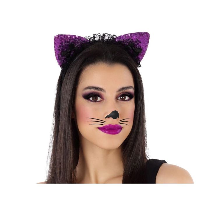 Diadema Orejas Animal Morado Brillante Mujer Adulto con Lentejuelas y Lazo Encaje Negro