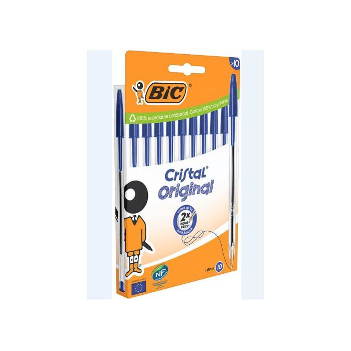 BIC 516352 Bolígrafos Cristal Originales, Tinta Azul, Trazo 0.4mm, Cuerpo Transparente, Blíster de 10 Unidades