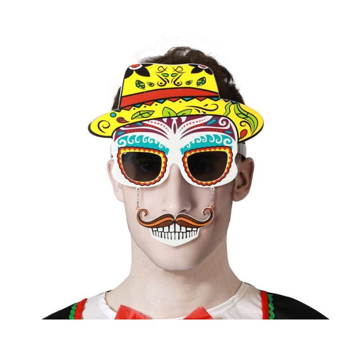 Gafas Diseño Calavera Mexicana con Sombrero Amarillo para Fiestas y Disfraces