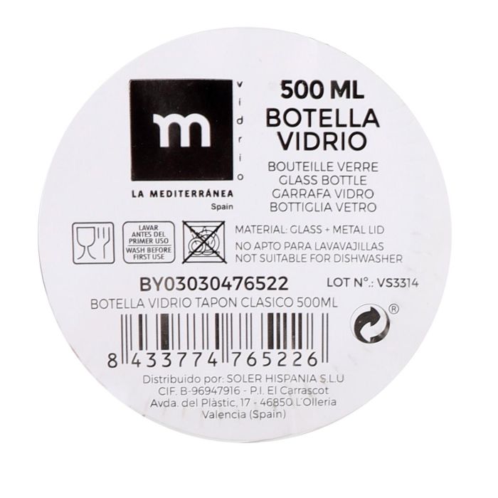 Botella de Vidrio con Tapon Clásico 500 ml - La Mediterranea (24 Unidades) 4 Botella de Vidrio con Tapon Clásico 500 ml - La Mediterranea (24 Unidades) 4