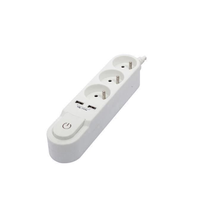 CHACON Regleta con interruptor 3 enchufes 16 A y 2 salidas USB 2 A, cable 3 m CHACON Regleta con interruptor 3 enchufes 16 A y 2 salidas USB 2 A, cable 3 m