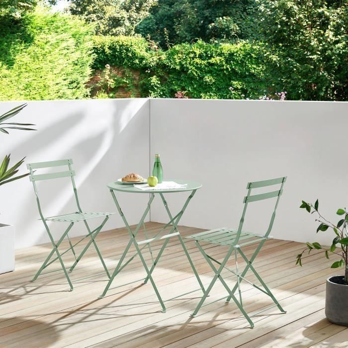 Conjunto Bistró para 2 Personas - Mesa Redonda 60x71 cm y 2 Sillas - Acero Pintado en Polvo - Color Verde Celadón 1 Conjunto Bistró para 2 Personas - Mesa Redonda 60x71 cm y 2 Sillas - Acero Pintado en Polvo - Color Verde Celadón 1