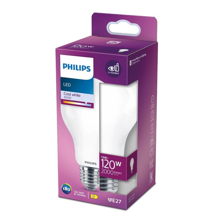 Philips Bombilla LED Standard E27 13W 2000lm 4000K Luz Día Equivalente 120W No Regulable Cristal Mate Apertura 360° Ø7x12.1cm 1