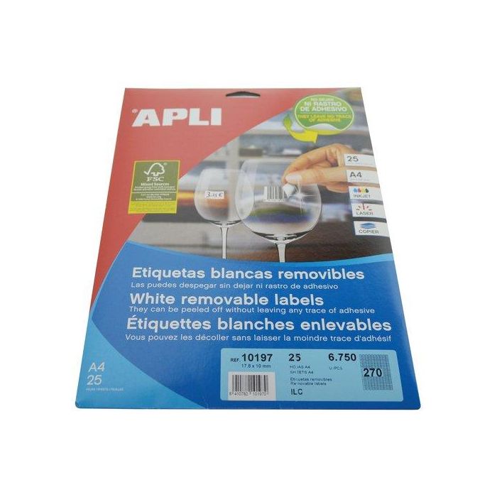 Apli 10197 Etiquetas Adhesivas 17,8x10 mm Removible para Fotocopiadora Láser Ink-Jet Caja 25 Hojas