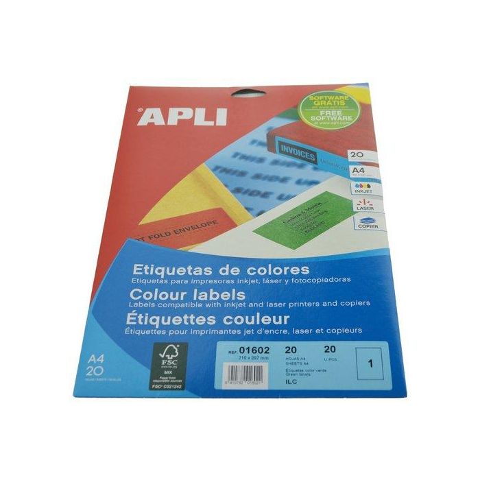 Apli Etiquetas Adhesivas 210x297 mm Inkjet-Láser C-Rectos 20H Verde