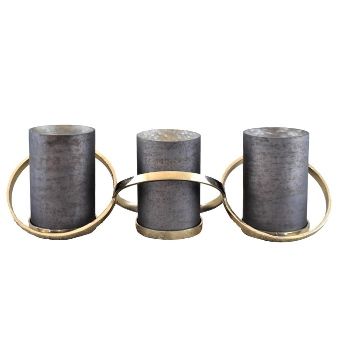 DKD Home Decor Portavela Leith para 3 Velas de Cristal y Aluminio Gris Dorado 15x16.5x52 cm