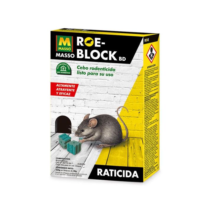 Massó Raticida Roe-Block Plus 260g - Cebo en Bloque para Interior/Exterior contra Ratas y Ratones 0 Massó Raticida Roe-Block Plus 260g - Cebo en Bloque para Interior/Exterior contra Ratas y Ratones 0