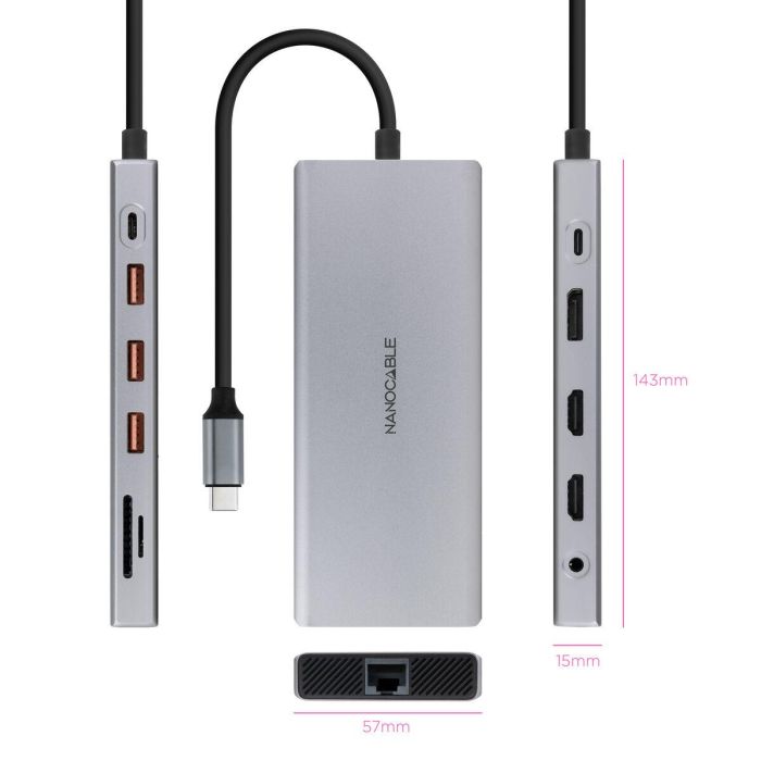 Nanocable 10.16.4612 Docking Station USB-C 12 en 1 - 2xHDMI 4K, DP, RJ45 Gigabit, USB 3.2, Lector Tarjetas, Carga PD 100W Gris Aluminio 1 Nanocable 10.16.4612 Docking Station USB-C 12 en 1 - 2xHDMI 4K, DP, RJ45 Gigabit, USB 3.2, Lector Tarjetas, Carga PD 100W Gris Aluminio 1