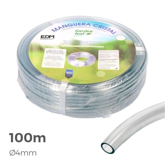 Edm Manguera Cristal PVC Transparente Flexible 100 m (4 mm) Resistente UV