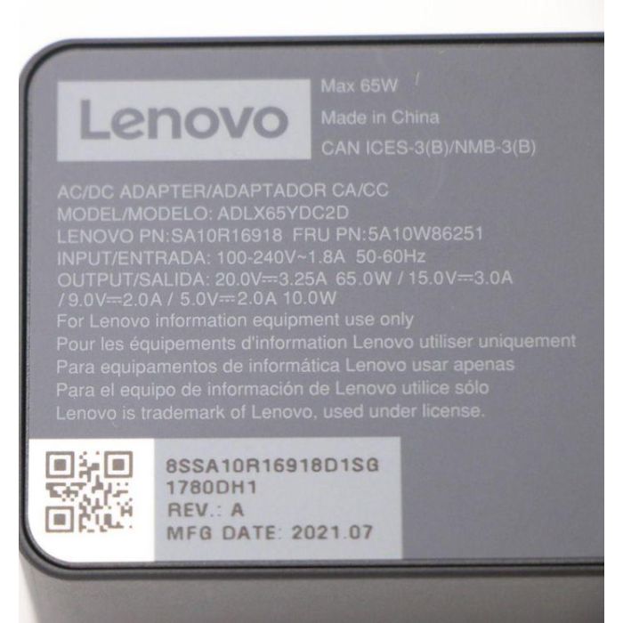 Lenovo Adaptador de Corriente 65W para Portátiles Lenovo, Doble Puerto, Soporta 20V/15V/9V/5V 8