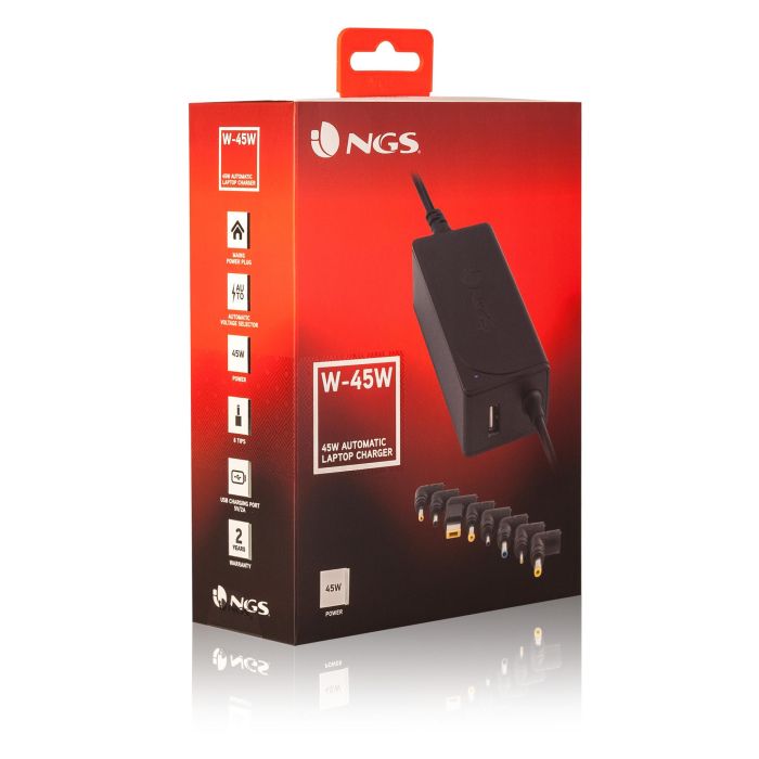 NGS W-45W Cargador Universal para Portátil 45W con 8 Conectores, Salida USB 5V/2A y Voltaje Automático 19-20V 1