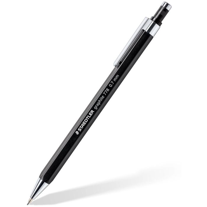 STAEDTLER 778 07-9 Portaminas graphite 0.7 mm, cuerpo negro hexagonal con borrador retráctil y clip de metal