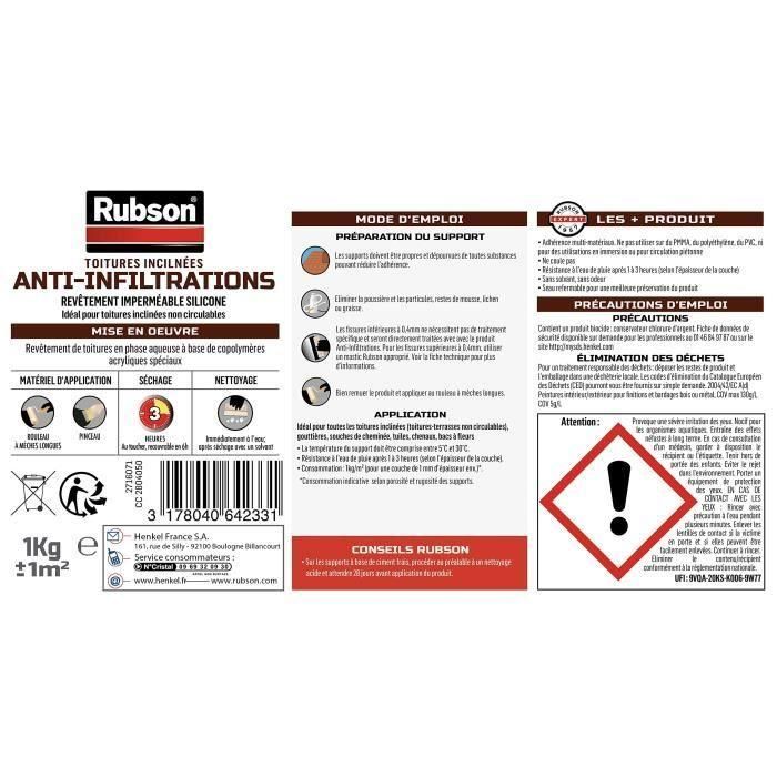 Rubson Anti-infiltración Revestimiento Impermeabilizante Techos Gris 1kg - Tecnología Silicotec, Silicona, Elasticidad 400%, UV 1 Rubson Anti-infiltración Revestimiento Impermeabilizante Techos Gris 1kg - Tecnología Silicotec, Silicona, Elasticidad 400%, UV 1