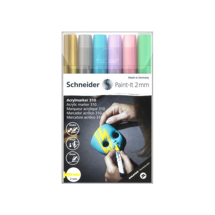 Marcador Acrylic Schneider Paint-It 310 Conico (2 Mm) Estuche De 6 (Oro, Plata, Azul Pastel, Violeta Pastel, Rosa Pastel, Verde Pastel)