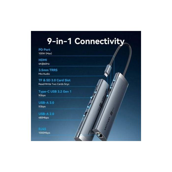 Hub USB Tipo-C 3.2 Vention TGVHB/ 2xUSB/ 1xUSB Tipo-C PD/ 1xUSB Tipo-C/ 1xRJ45/ 1xLector de Tarjetas/ 1xJack 3.5mm/ 1xHDMI/ 15cm 1 Hub USB Tipo-C 3.2 Vention TGVHB/ 2xUSB/ 1xUSB Tipo-C PD/ 1xUSB Tipo-C/ 1xRJ45/ 1xLector de Tarjetas/ 1xJack 3.5mm/ 1xHDMI/ 15cm 1