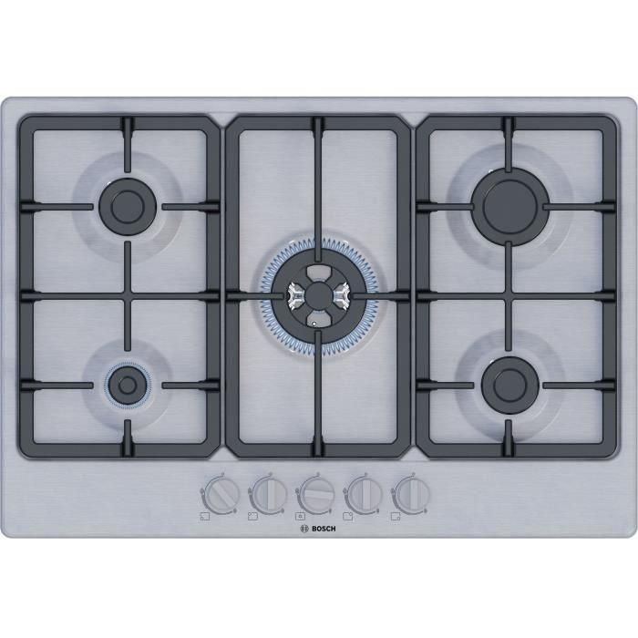 Placa de gas - BOSCH Serie 4 - 5 fuegos - 52 x 75 x 4,5 cm - PGQ7B5K90 - Acero inoxidable