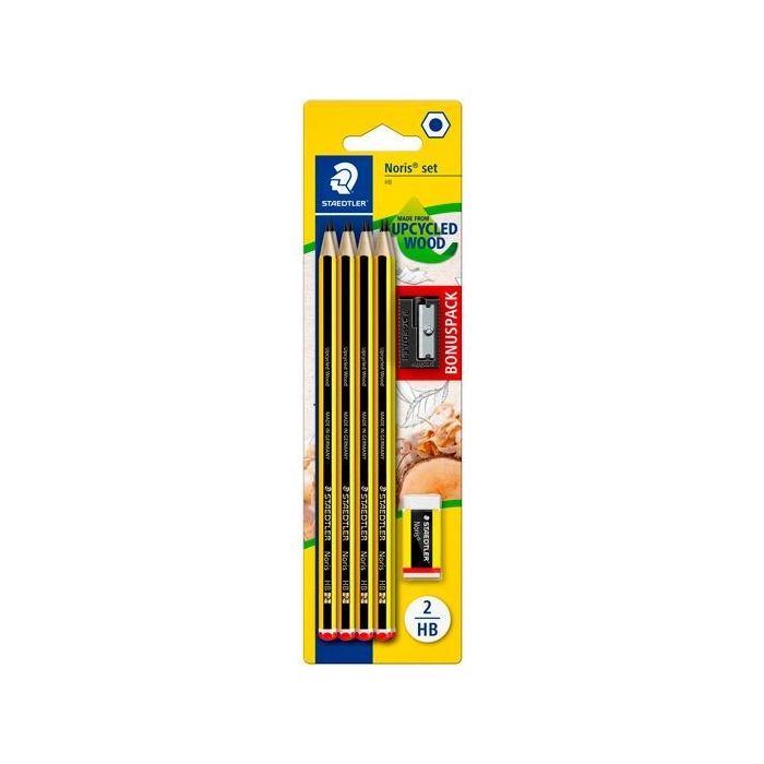Staedtler Blíster con 8 Lápices Noris 120-2 + Goma Noris 526 N40 + Afilalápices de Regalo - Grafito Hexagonal, Ecológico