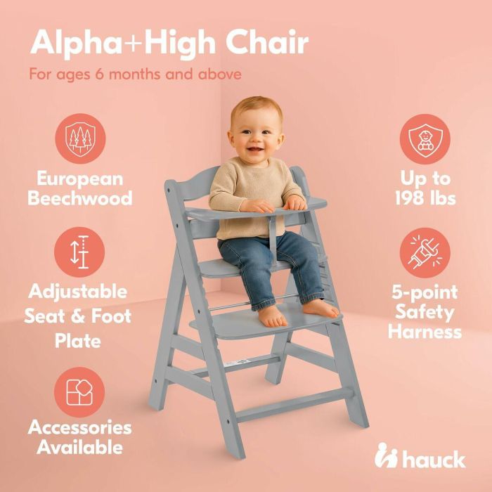 HAUCK Alpha + Silla alta de madera escalable para bebé - Asiento y reposapiés ajustables, arnés 5 puntos, gris 8