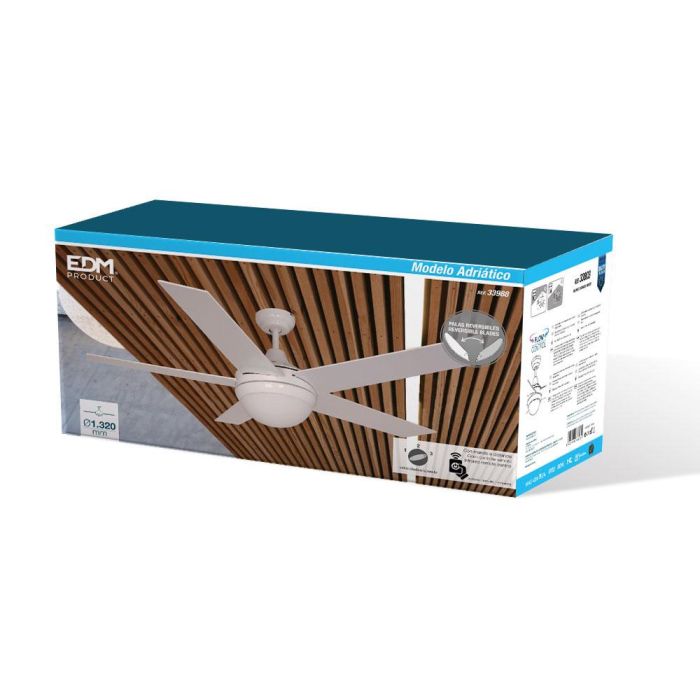 Edm Ventilador de Techo Adriatico, Blanco, 132cm, 60W, 3 Velocidades, Mando a Distancia, 5 Aspas 3 Edm Ventilador de Techo Adriatico, Blanco, 132cm, 60W, 3 Velocidades, Mando a Distancia, 5 Aspas 3