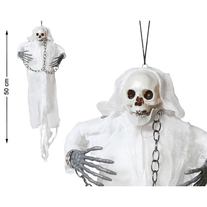 Esqueleto Colgante Blanco 50 cm Con Cadenas Para Decoración Fantasmal Halloween