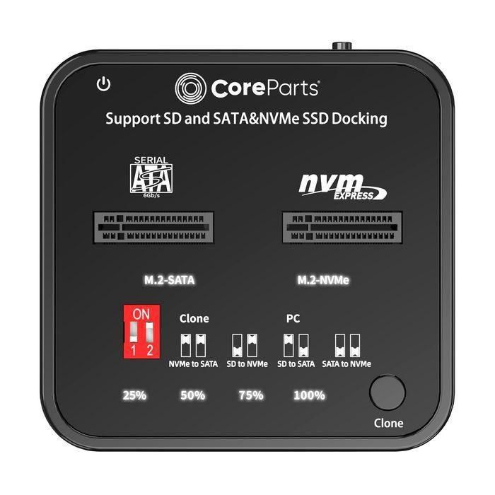 CoreParts USB3.2 Type-C (10Gbps) M.2 SATA/NVMe SSD Clone Docking with SD express card reader - Box includes USB-C Cable, Power Supply and user manual 2 CoreParts USB3.2 Type-C (10Gbps) M.2 SATA/NVMe SSD Clone Docking with SD express card reader - Box includes USB-C Cable, Power Supply and user manual 2
