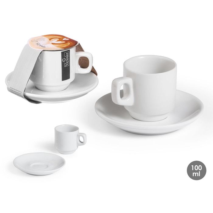 Vessia Taza y Plato de Café de Porcelana Blanca 100 ml, Medidas 12x7x12 cm (24 Unidades) 0 Vessia Taza y Plato de Café de Porcelana Blanca 100 ml, Medidas 12x7x12 cm (24 Unidades) 0