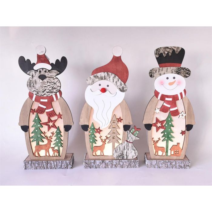 DKD Home Decor Decoración de Navidad Luminosa Alpina LED MDF Natural Multicolor 7x40.5x18 cm Pack de 3 Unidades a Pilas AA