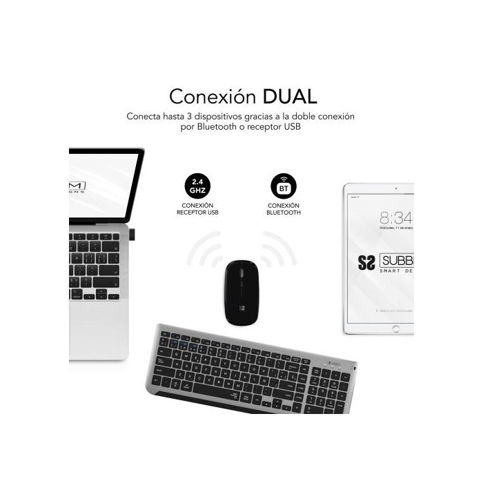 SUBBLIM Teclado con Ratón Bluetooth + 2.4G Combo Dual Prestige Extendido Gris/Negro 2