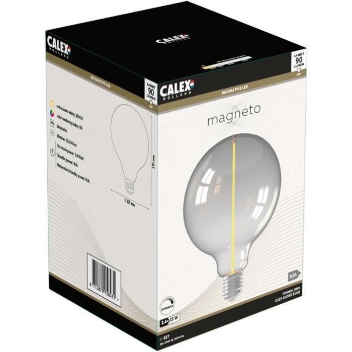 Bombilla LED E27 - CALEX - MAGNETO G125 - Filamento recto - 3,4 W - 90 lm - 1800 K - Titanio 1 Bombilla LED E27 - CALEX - MAGNETO G125 - Filamento recto - 3,4 W - 90 lm - 1800 K - Titanio 1