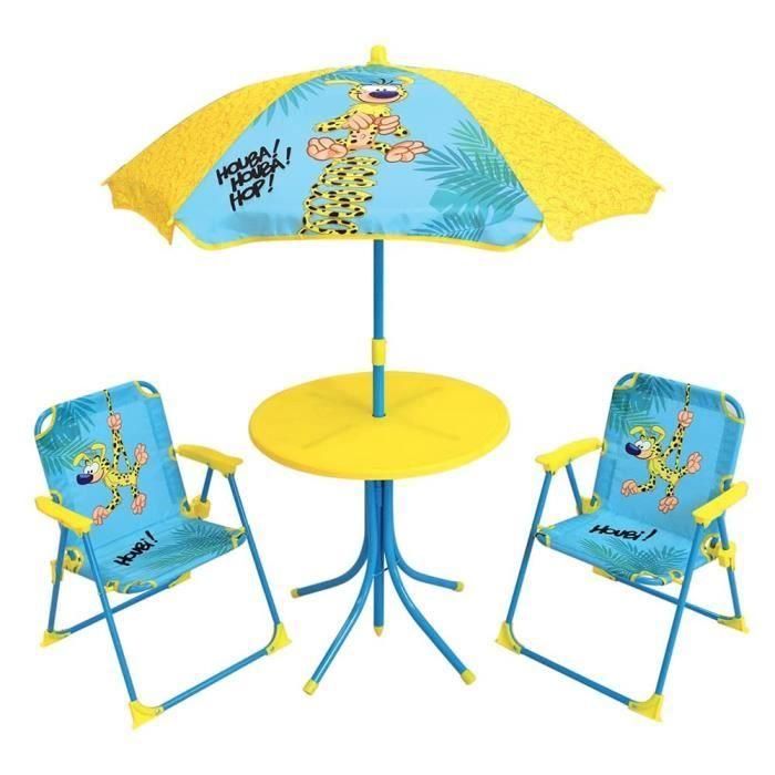 MARSUPILAMI Mobiliario de jardín para niños que incluye 1 mesa, 2 sillas plegables y 1 sombrilla 1 MARSUPILAMI Mobiliario de jardín para niños que incluye 1 mesa, 2 sillas plegables y 1 sombrilla 1