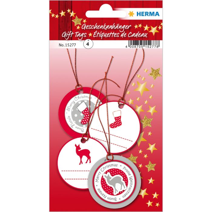 HERMA 15277 Etiquetas regalo Navidad 3D Ø 5 cm Rojas y plateadas, de papel (4 unidades)