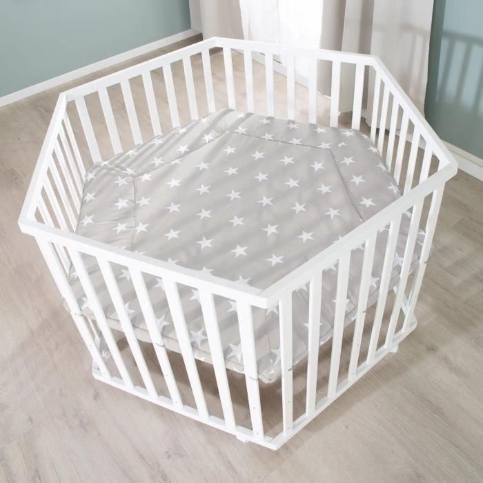 Roba AAAIG92169 Parque infantil hexagonal de madera lacada en blanco LITTLE STARS, altura regulable, funda acolchada, ruedas con freno. 2 Roba AAAIG92169 Parque infantil hexagonal de madera lacada en blanco LITTLE STARS, altura regulable, funda acolchada, ruedas con freno. 2