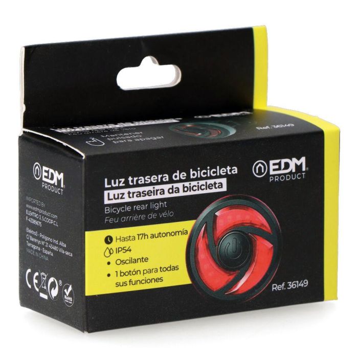 Edm Luz Led Trasera de Bicicleta 0.5W, Roja, 3 Modos, Batería 280mAh, 17h Autonomía, IP54 4