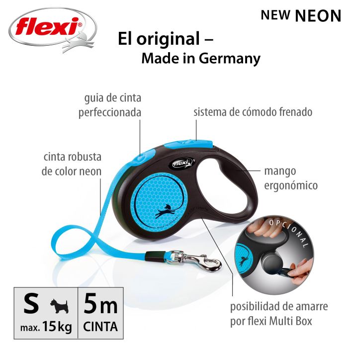 Flexi Correa Retráctil New Neon S Cinta 5m Azul Neón para Perros con Componentes Reflectantes de Alta Visibilidad 1 Flexi Correa Retráctil New Neon S Cinta 5m Azul Neón para Perros con Componentes Reflectantes de Alta Visibilidad 1