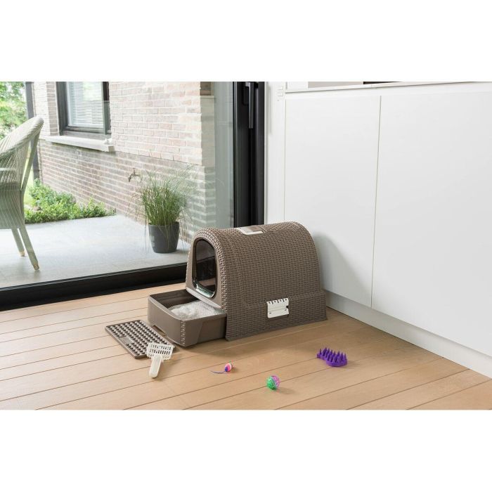 Curver Inodoro para Gatos con Sistema de Cajones, Filtro de Olores, Asa Transporte, Compartimento Accesorios y Fácil Limpieza - Moca 1
