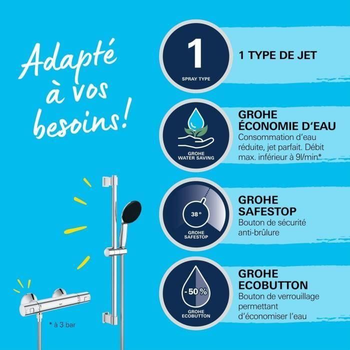Conjunto de ducha con mezclador termostático, rociador de 1 chorro, barra de 60 cm y flexo - GROHE 34597001 - Ahorro de agua - Cromo 2 Conjunto de ducha con mezclador termostático, rociador de 1 chorro, barra de 60 cm y flexo - GROHE 34597001 - Ahorro de agua - Cromo 2