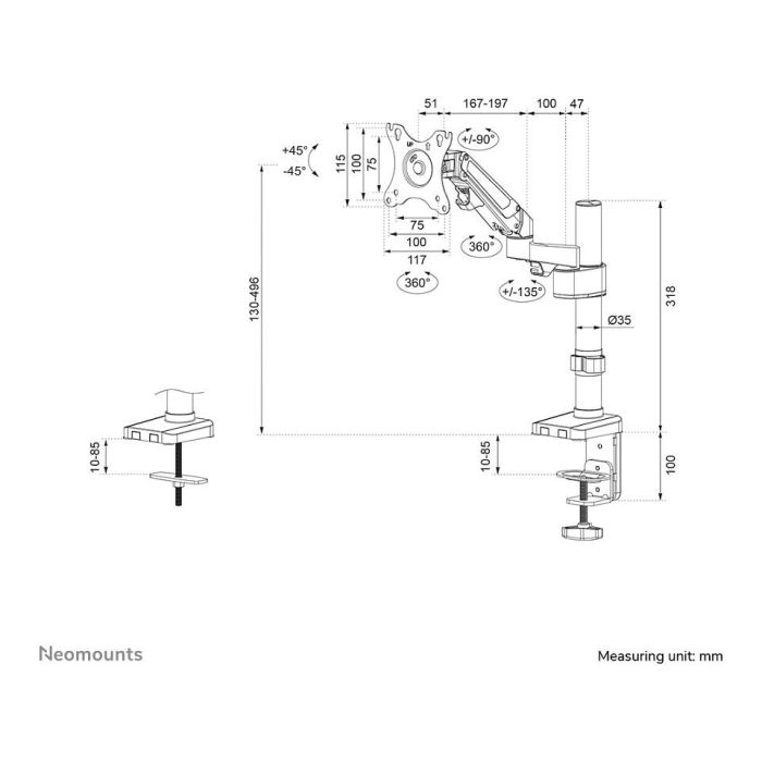Neomounts Brazo de Monitor DS70-750BL1 Full-Motion para Pantallas de 17-27 Pulgadas, 7kg, Resorte de Gas, Pinza/Atornillado, Negro 10