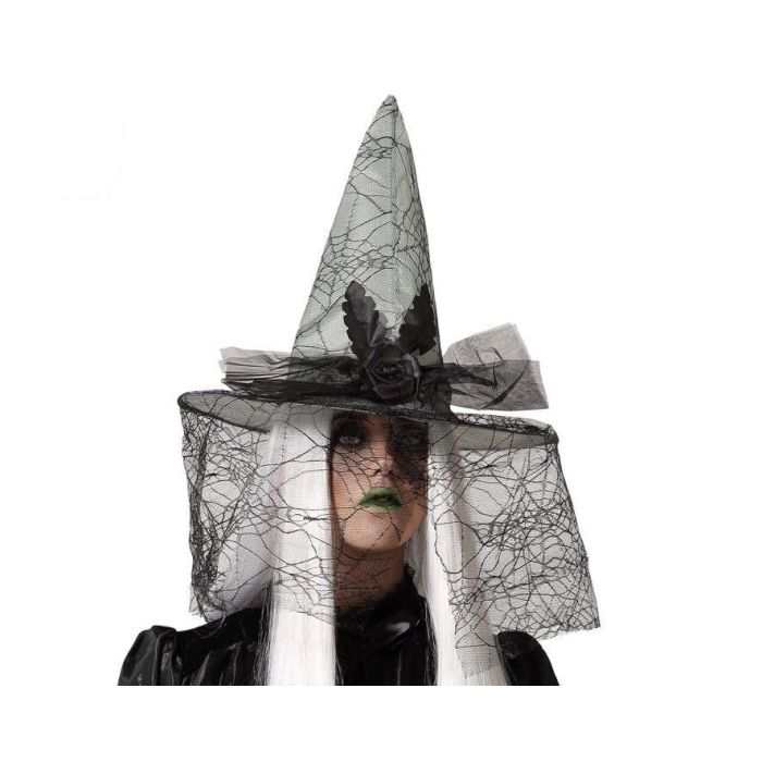Sombrero De Bruja Gris Con Velo Telaraña Y Rosa Oscura - Perfecto Para Halloween Y Teatro