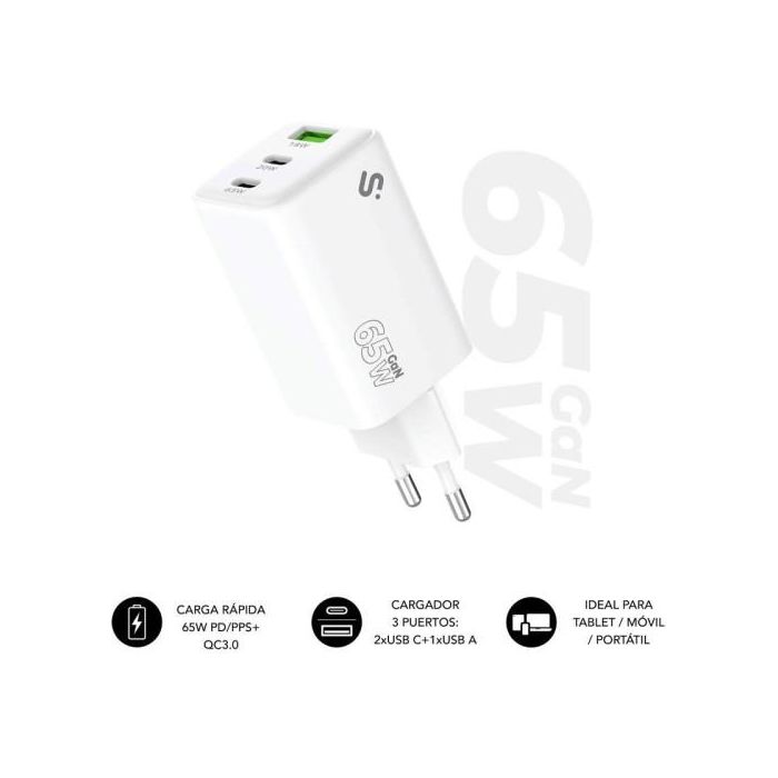 Subblim SUBCHG-6G6530 Cargador GaN de Pared 65W con 2 USB-C (PD 3.0) y 1 USB-A (QC 3.0) Carga Rápida 3 Dispositivos Simultáneos Universal Blanco