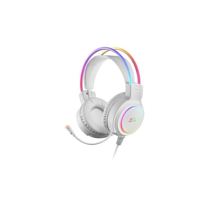 Mars Gaming MHRGBW Auriculares Gaming con Micrófono, RGB Flow, Sonido Ultra-BASS 3D, Cancelación Ruido, Jack 3.5mm, Blancos, Multiplataforma