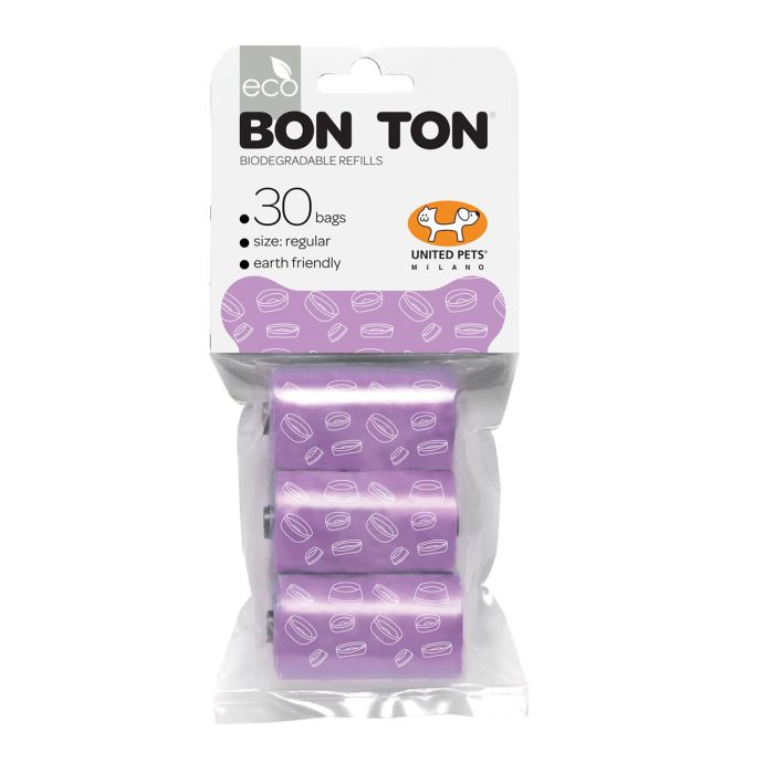 United Pets Recambio Bolsas Higiénicas Bon Ton Regular Lila, 3 Rollos de 10 Bolsas (30 uds) Biodegradables para Perros