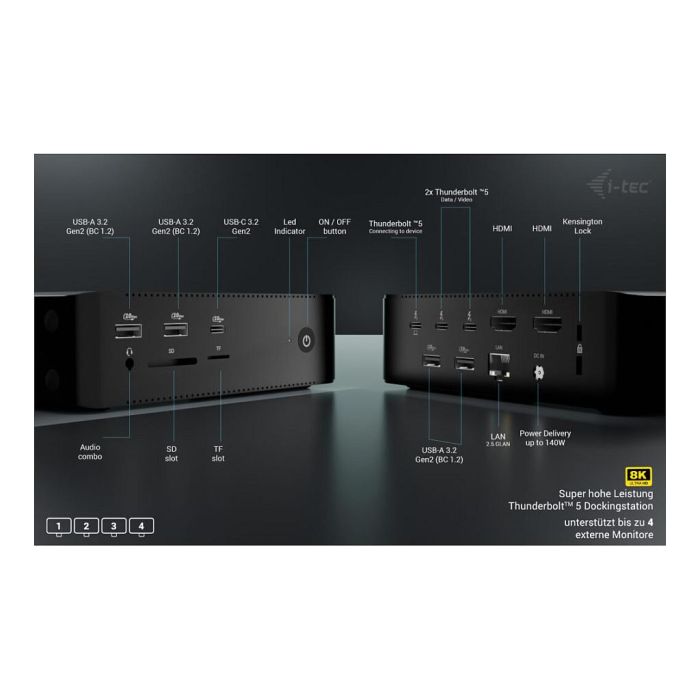 I-TEC Thunderbolt 5 Quattro Display DS 2xTB5 2xHDMI 1x2.5GLAN 1xUSB-C Gen2 Docking Station 140W PD 10
