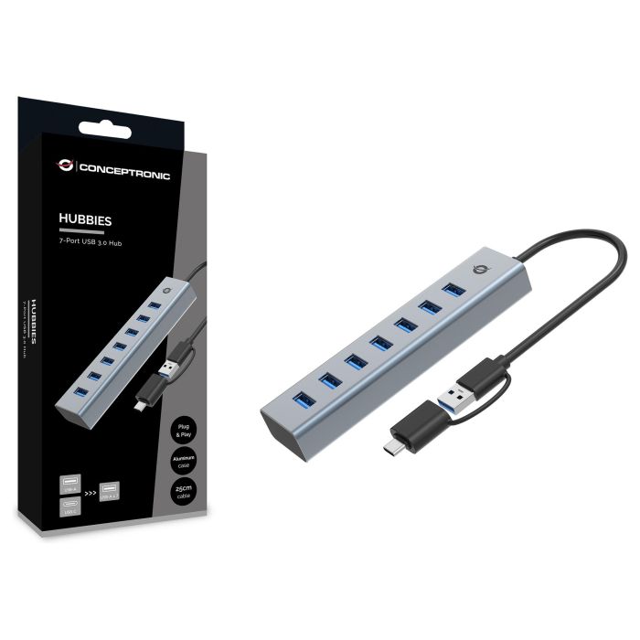 Conceptronic HUBBIES21G Hub USB 3.0 Gris 7 Puertos USB-A Macho USB-C Macho 5 Gbps 2