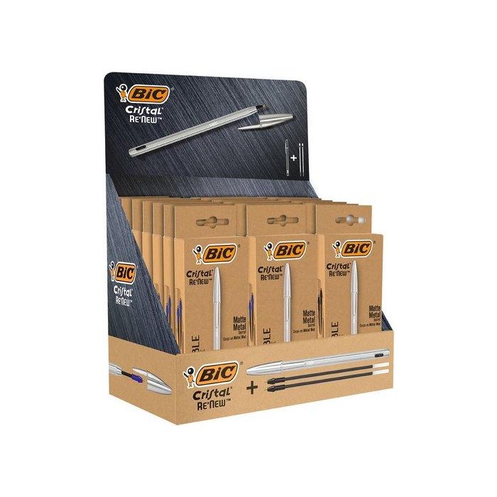 Boligrafo Bic Cristal Re´New Metal Expositor De 21 15X 997202 Metal Azul 6X 997201 Metal Negro 50X Bic Cristal Azul Sin Cargo