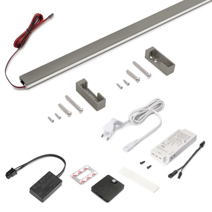 Emuca Kit de barra para armario Luxe, tira LED 4,5x8 Neonlynx V, sensor de movimiento RF Smart y convertidor Smart (24V DC), longitud 900mm, Luz blanca cálida 2.700K, Plástico y Aluminio, Titanio 0 Emuca Kit de barra para armario Luxe, tira LED 4,5x8 Neonlynx V, sensor de movimiento RF Smart y convertidor Smart (24V DC), longitud 900mm, Luz blanca cálida 2.700K, Plástico y Aluminio, Titanio 0