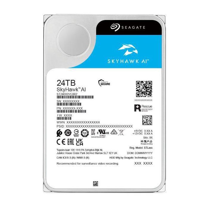 Seagate SkyHawk AI 24TB 3.5" SATA III Disco Duro NVR para IA, 32 Canales, Video Vigilancia, Imagen Perfecta